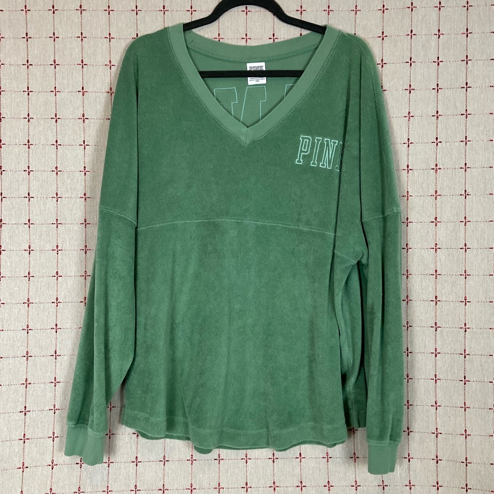 VS PINK Varsity Terry V-Neck Pullover Oversized Sweatshirt XL Green & Blue Set - Picture 4 of 7